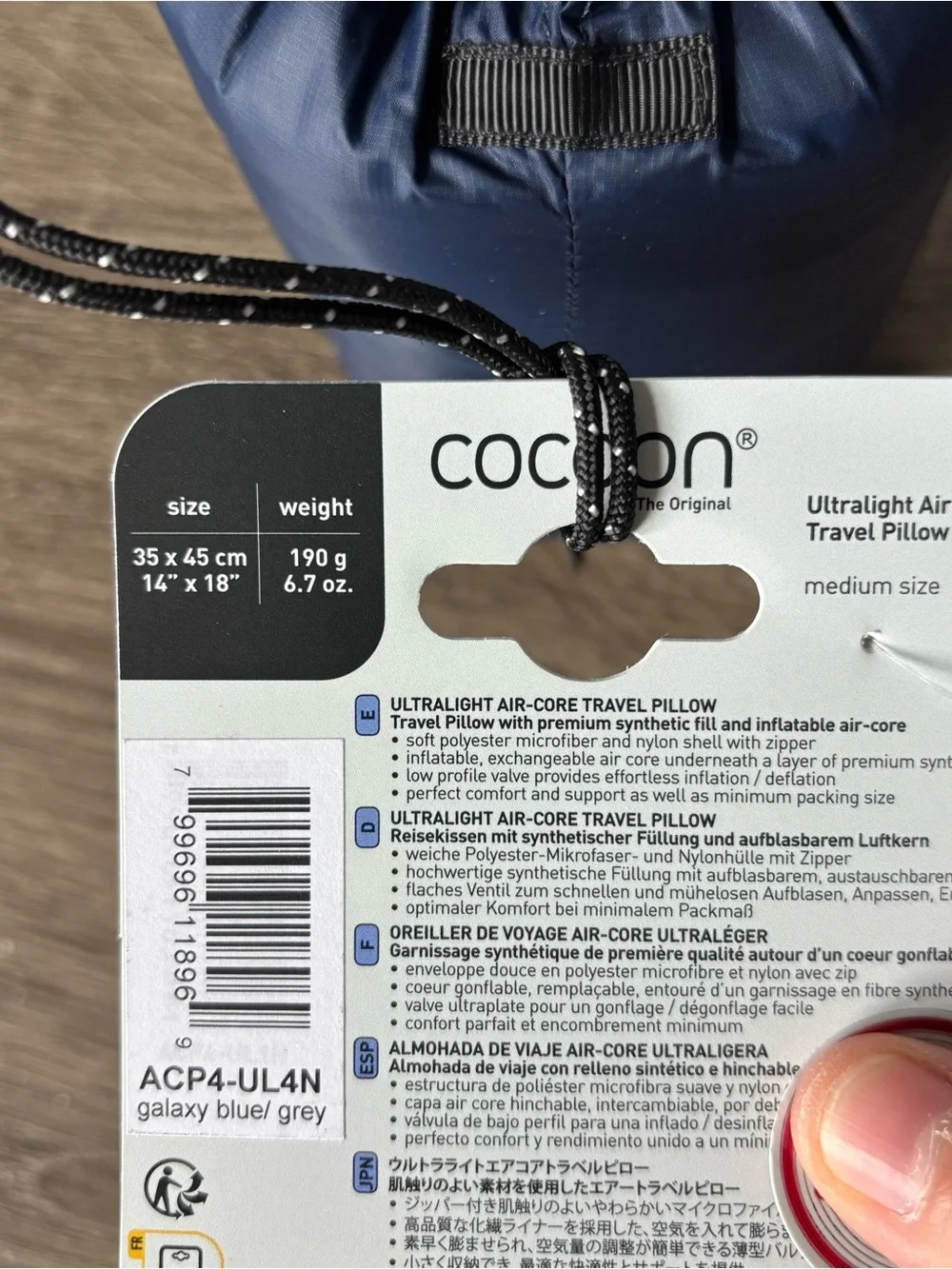 Cocoon Ultralight Air-core Travel Pillow NEW Medium 14x18” blue/gray